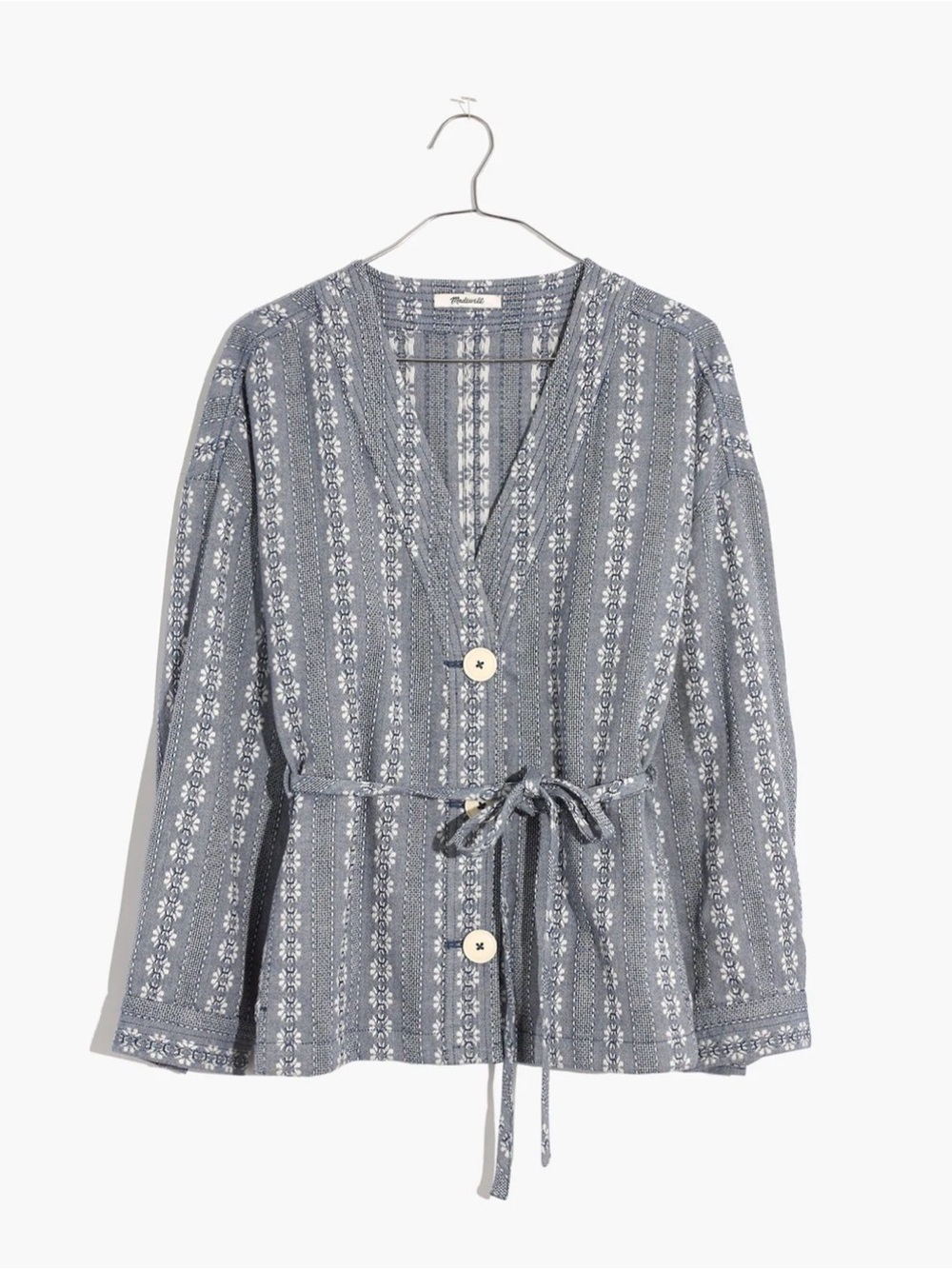 Madewell‎ Cotton Blue & White Floral Jacquard Tie-Waist Button Jacket.  Sz Smal